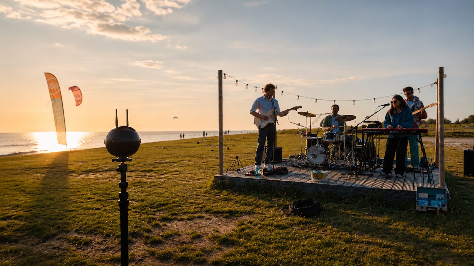 360°-Aufnahme eines Konzerts am Meer bei Sonnenuntergang