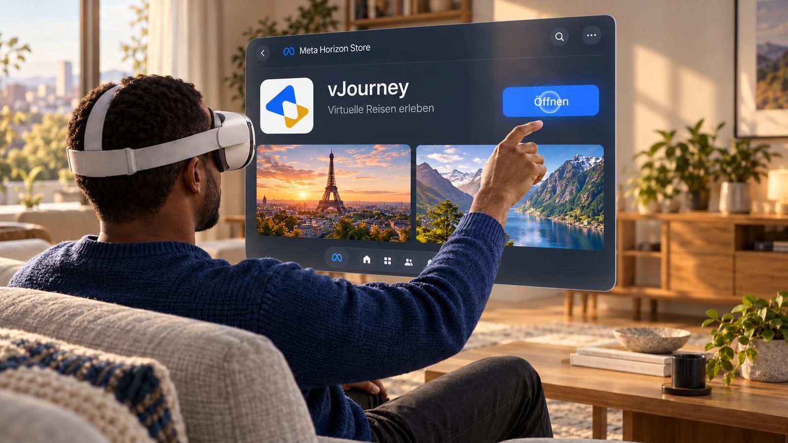 Person auf dem Sofa mit VR-Brille öffnet die vJourney-App im Meta Horizon Store