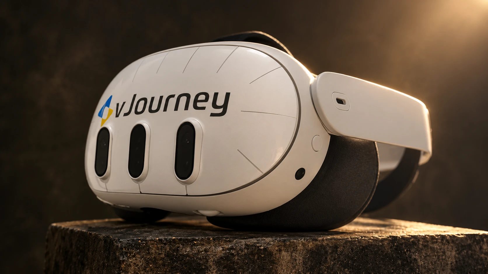 Weiße VR-Brille mit vJourney-Logo auf einem Steinsockel