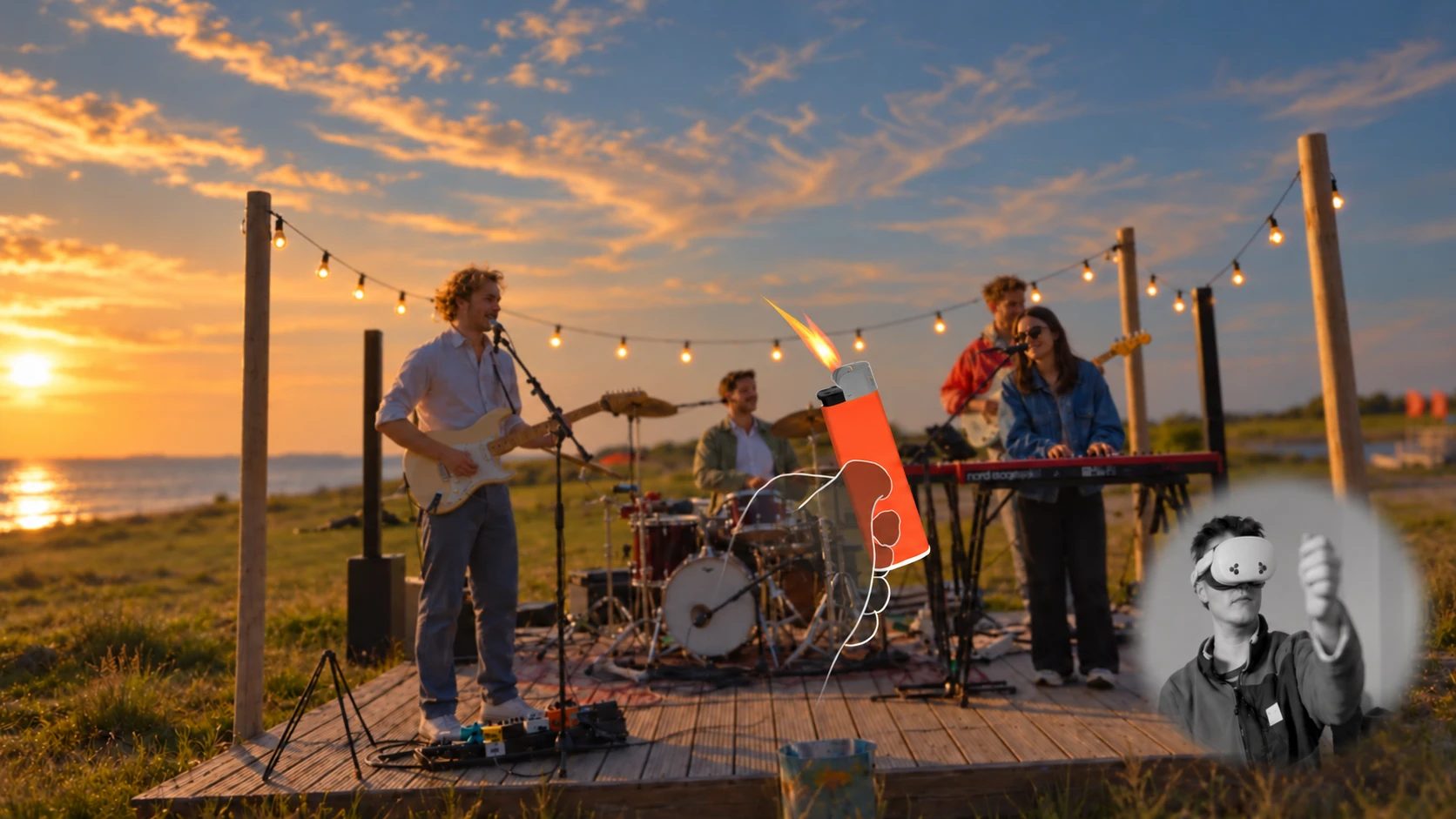Konzert am Strand bei Sonnenuntergang, eine virtuelle Hand hält ein Feuerzeug in die Szene; eingeblendet eine Person mit VR-Brille, die die Hand bewegt